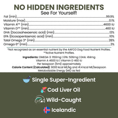 Label shows cod liver oil ingredients for canine health.