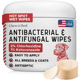Chew + Heal Labs dog paw wipes jar closeup highlighting antibacterial formula for paw care.