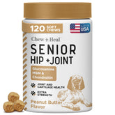 Chew + Heal Labs glucosamine dog chews in peanut butter flavor for joint mobility.
