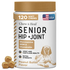 Chew + Heal Labs glucosamine dog chews in peanut butter flavor for joint mobility.