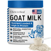 Chew + Heal Labs goat milk powder jar front; easy on the stomach for dogs.