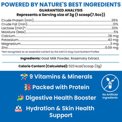 Chew + Heal Labs goat milk powder scoop; convenient daily servings for dogs.