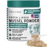 Chew + Heal Labs green-lipped mussel powder for dogs on kibble supports joint comfort
