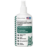 Chew + Heal Labs hydrocortisone spray bottle for dogs on a counter offering itch relief.