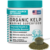Chew + Heal Labs kelp supplement bottle for dogs supports thyroid function.