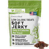 Chew and Heal Labs low-calorie jerky bag front, weight-friendly dog treat.