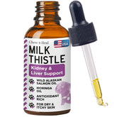 Chew + Heal Labs Milk Thistle bottle illustrating liver support for dogs.