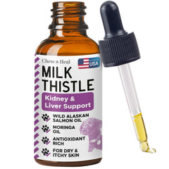 Chew + Heal Labs Milk Thistle bottle illustrating liver support for dogs.