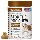 Chew Heal Labs No Poo Chews bottle with deterrent formula promotes gut balance.