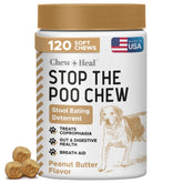 Chew Heal Labs No Poo Chews in peanut butter flavor for dogs; may deter stool-eating.