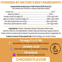 Chew Heal Labs Omega-3 dog soft chews close-up showing a tasty skin-support snack.