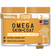 Chew + Heal Labs Omega dog treats bottle – convenient omega supplement for a healthier coat