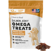 Chew + Heal Labs Omega Soft Salmon Jerky packaging highlights natural ingredients for a shiny coat