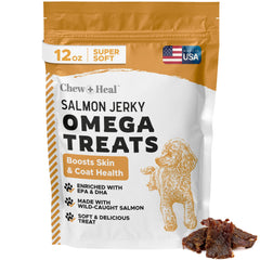 Chew + Heal Labs Omega Soft Salmon Jerky packaging highlights natural ingredients for a shiny coat
