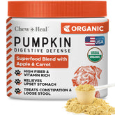 Chew + Heal Labs organic pumpkin powder bottle with scoop for dog digestive support