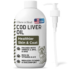 Chew + Heal Labs Pure Cod Liver Oil bottle with pump cap for easy dosing.