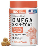 Chew + Heal Labs salmon oil dog chews pack supports healthy skin and coat.
