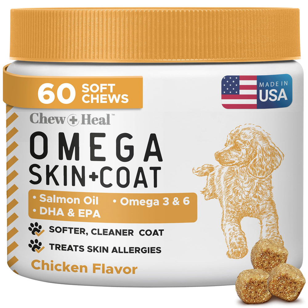 Chew + Heal Labs Salmon Oil for dogs in pack front supports omega nutrition.