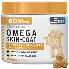 Chew + Heal Labs Salmon Oil for dogs in pack front supports omega nutrition.
