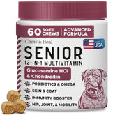 Chew + Heal Labs senior dog multivitamin bottle with 60 soft chews for daily vitality.