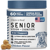Chew + Heal Labs Senior Dog Vision bottle with soft chews for eye comfort.
