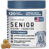 Chew + Heal Labs Senior Dog Vision and Cognition Chews bottle supports daily eye and memory care.