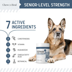 Chew + Heal Labs Senior Dog Vision ingredient panel highlights algae oil omega-3s and antioxidants.