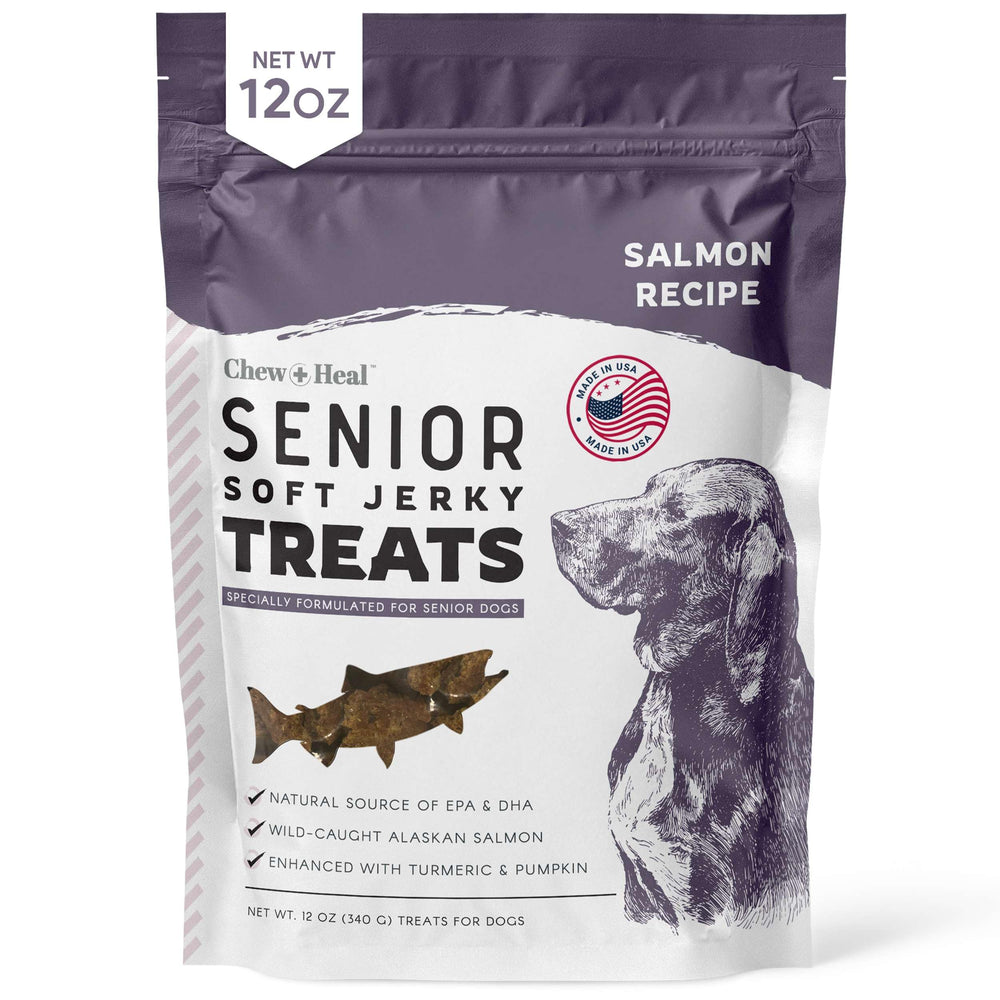 Chew + Heal Labs seniors soft jerky salmon treats for easy chewing