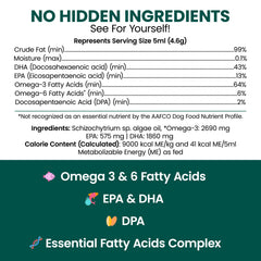 Chew + Heal Labs vegan omega-3 algae oil bottle label highlights EPA and DHA.