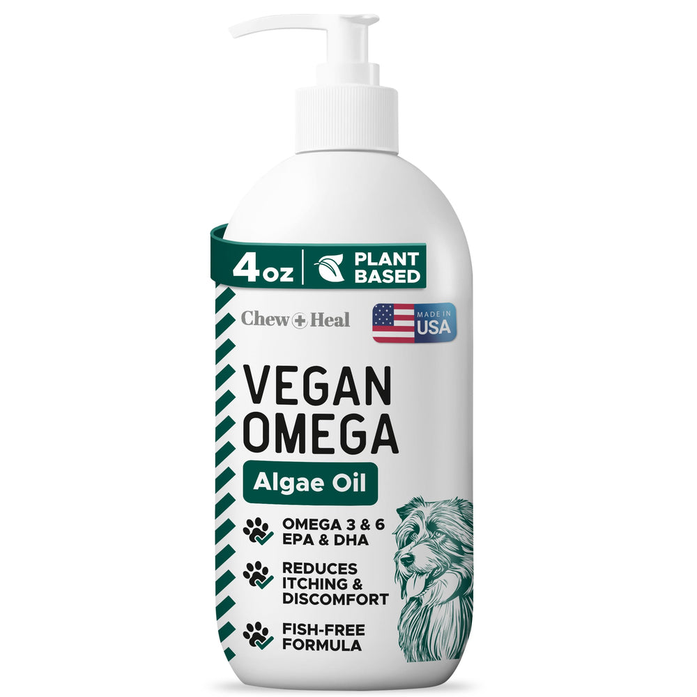 Chew + Heal Labs vegan omega-3 dogs bottle shows fish-free skin and coat support.