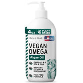 Chew + Heal Labs vegan omega-3 dogs bottle shows fish-free skin and coat support.