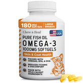 Chew + Heal Labs wild-caught omega-3 dog softgel bottle supports healthy skin and coat.
