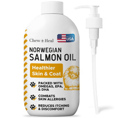Chew + Heal Labs salmon oil bottle pour supports easy daily supplementation and shinier coat.