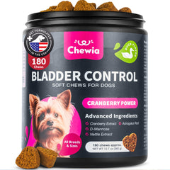 CHEWIA Dog UTI Chews packaging showcases cranberry-based urinary support.
