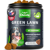 CHEWIA Grass Burn Spot Chews bottle promotes lawn health and digestion.