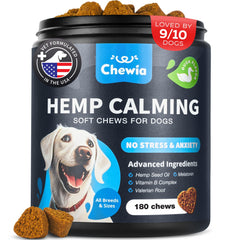 CHEWIA Hemp Calming Chews bottle with treats promotes gentle calm during vet visits
