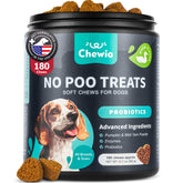 CHEWIA No Poo Chews bottle and treats promoting digestion.