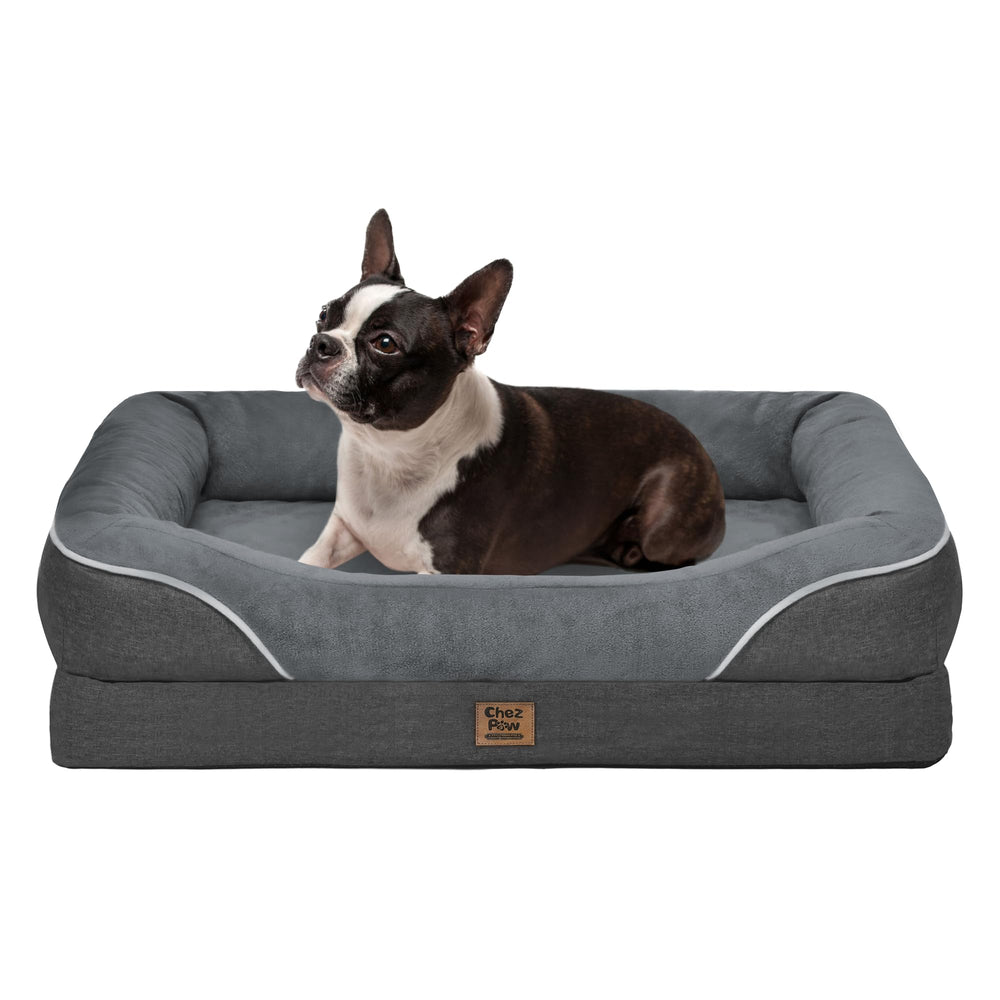 Chez Paw large orthopedic dog bed front view with surrounding bolster for cozy resting.