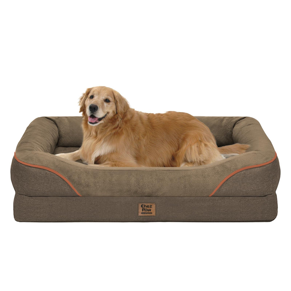 Chez Paw orthopedic XL bed with surrounding bolster provides secure head and neck support.