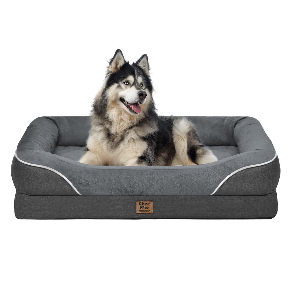 Chez Paw Washable Orthopedic Large Dog Bed, front view with bolster and roomy rest