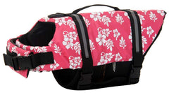 ChezAbbey dog life jacket pink flower front view shows buoyant fit and visibility for water fun.