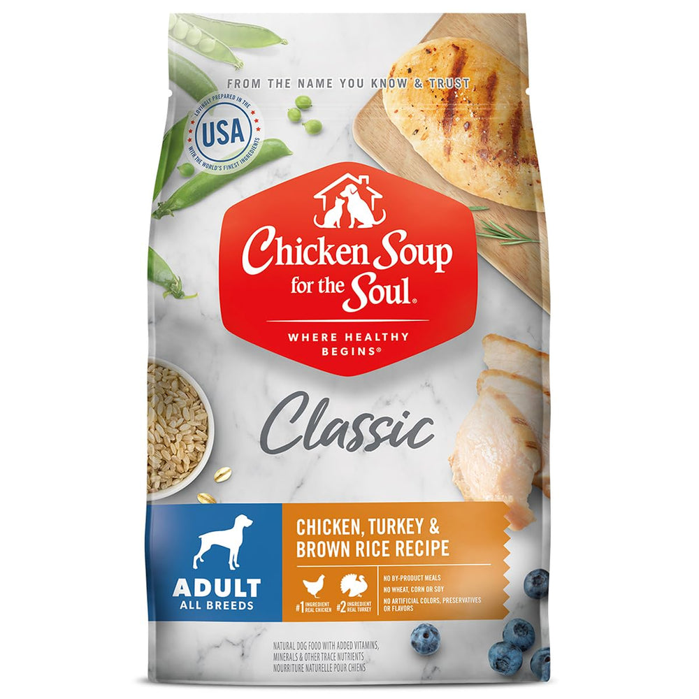 Chicken Soup for the Soul dog food bag front highlights real chicken and turkey for adult dogs.