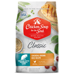 Chicken Soup for the Soul Indoor Cat Food packaging shows premium ingredients for a healthy meal