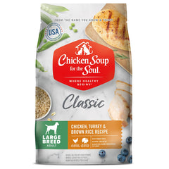 Chicken Soup for the Soul large breed dog food bag showing premium ingredients for healthy nutrition