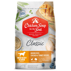 Chicken Soup for the Soul Weight Care bag and label showing real meat first ingredient
