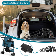 Chihuahua stroller folded compact demonstrates portable transport for car trips.