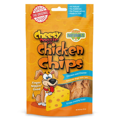 Chip's Naturals Cheesy Flavored Doggie Chicken Chips in a small bag for convenient rewards.