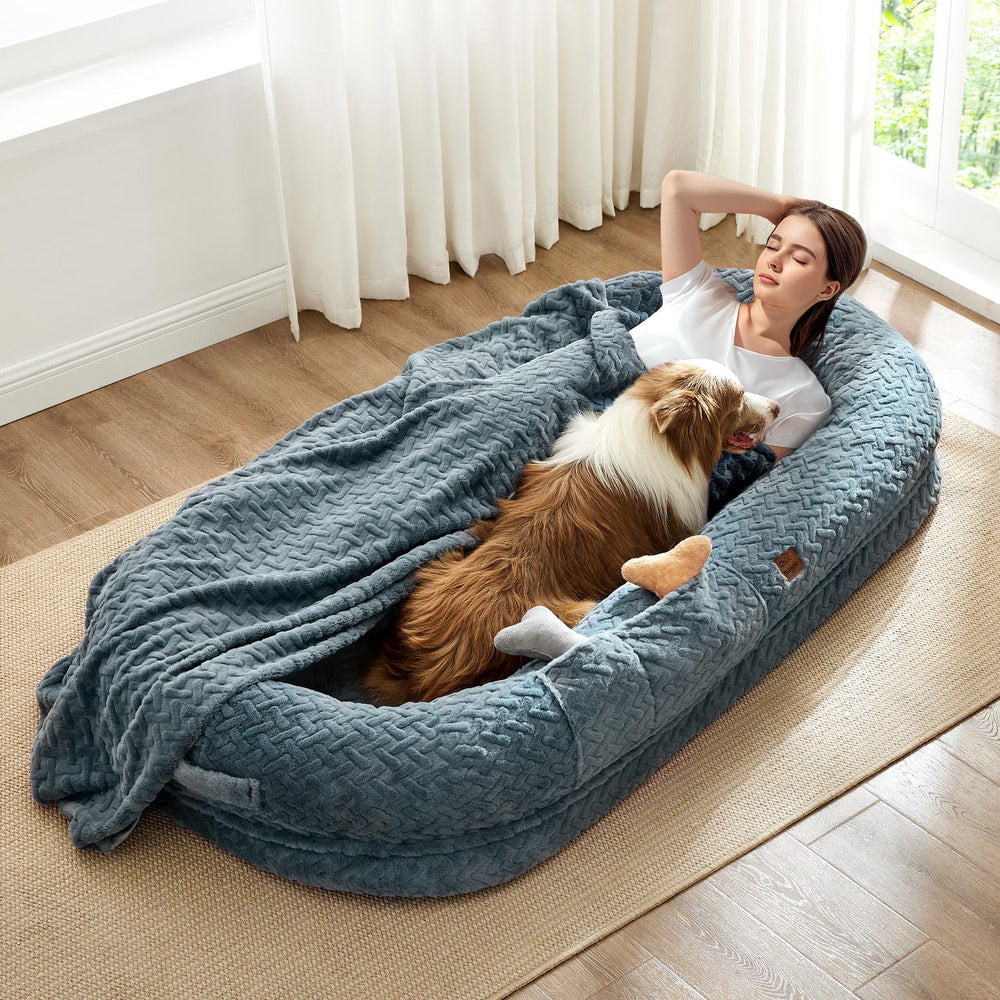 ChiXnuggle human dog bed assembled in grayish-blue for premium lounging.