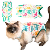Chloe Victoria Pets cat recovery suit no-cord design keeps stitches secure and cat comfortable.