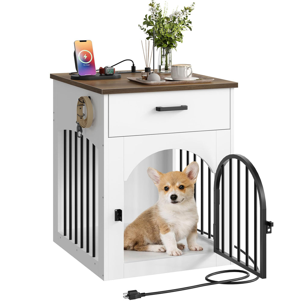 CHOEZON dog crate end table with white walnut finish, stylish pet housing.